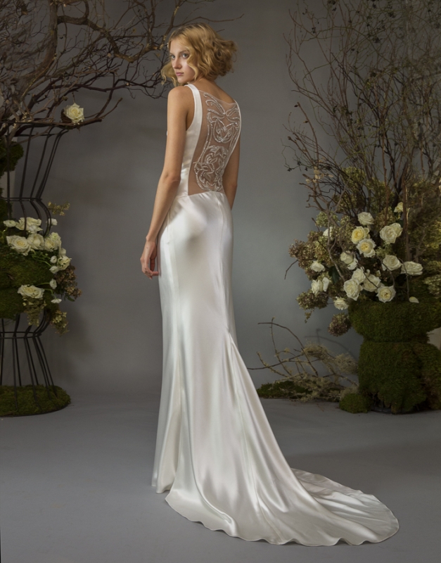 Elizabeth Fillmore - Fall Bridal 2014 Collection - Gisele Wedding Dress: crepe back satin bias sheathe with sheer serpentine beaded back</p>

<p
